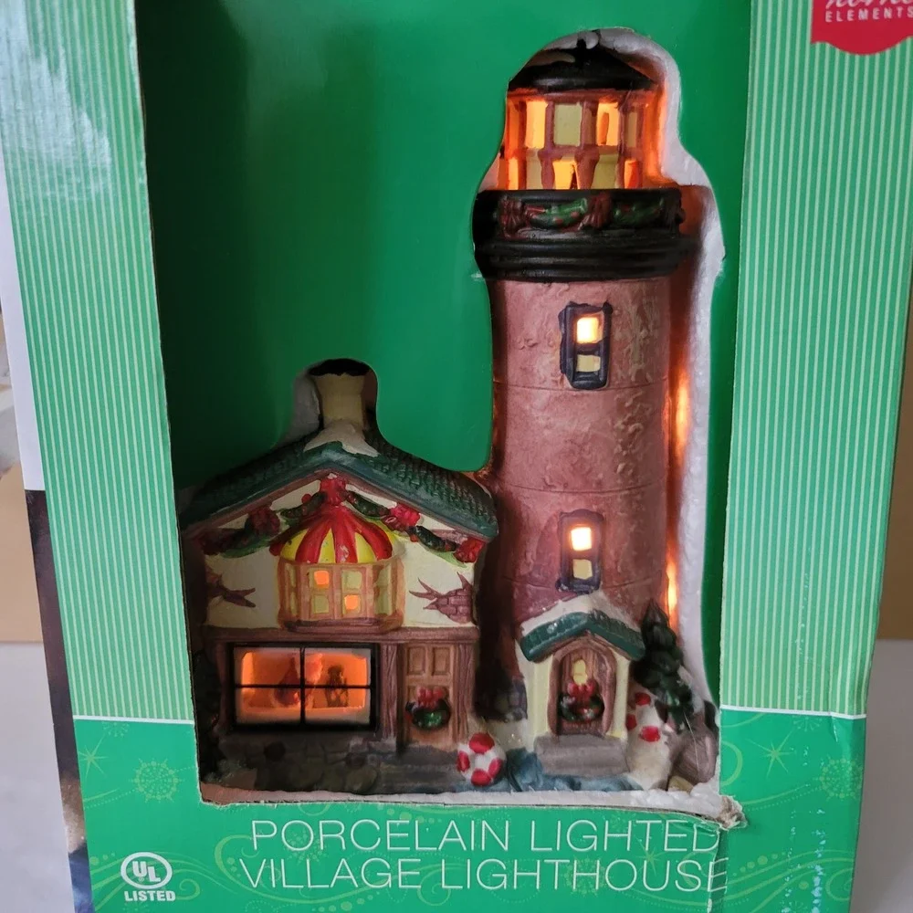 Home Elements Porcelain Lighted Village Lighthouse w/Window Scene Christmas